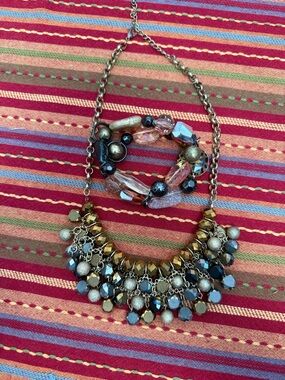 statement gold necklace and elastic gem bracelet lot!